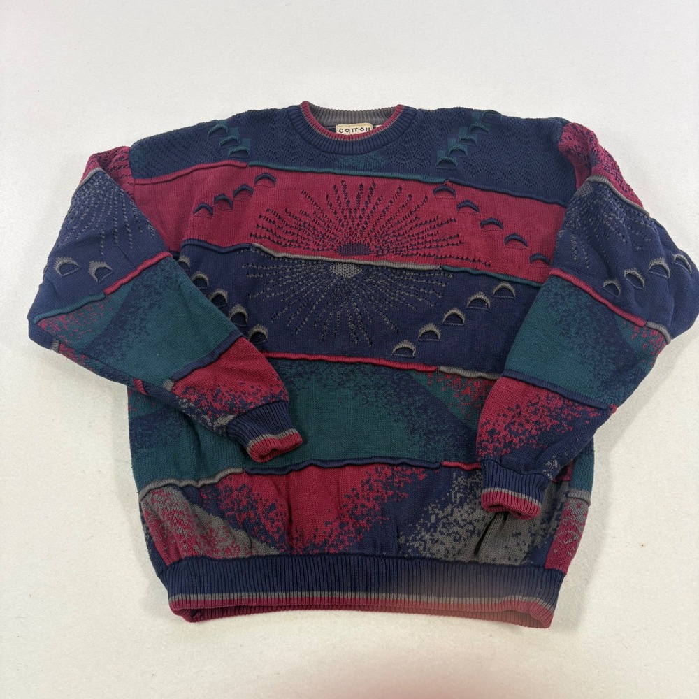 Cotton Traders Vintage 3D Knit Sweater Mens Large Multi Color Coogi Style Retro